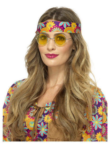 Damen Herren Unisex 60er Jahre Woodstock Hippie Nickelbrille, perfekt für Karneval, Fasching und Mottopartys, Gelb