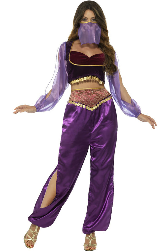 Damen Bauchtanz Arabische-Prinzessin Kostüm mit Oberteil, Hose und Gesichtsschleier, XS, Lila