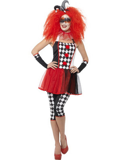 Damen Frauen Kostüm schräges Harlekin Hofnarr Kleid mit Leggings Halskrause und Kopfschmuck, Crazy Harlequin Jester, perfekt für Halloween Karneval und Fasching, S, Schwarz