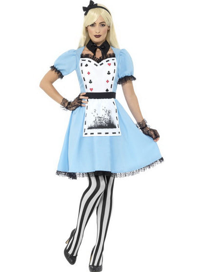 Damen Frauen Kostüm hochwertiges Tee Party Hausmädchen Alice Kleid mit Schürze Strümpfe und Haarband, Deluxe Tea Party Dress, perfekt für Halloween Karneval und Fasching, XS, Blau