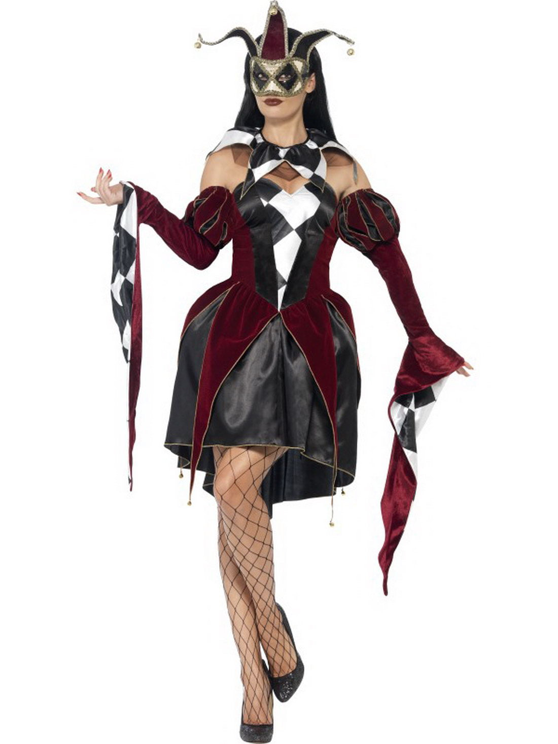 Damen Frauen Kostüm venezianischer Harlekin Hofnarr mit Kleid Kragen und Ärmel, Gothic Harlequin Jester, perfekt für Halloween Karneval und Fasching, S, Schwarz