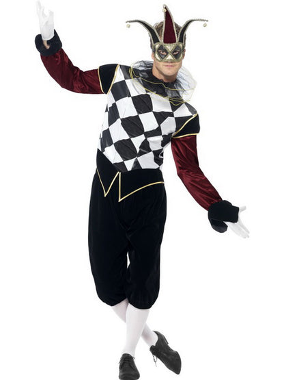 Herren Männer Kostüm venezianischer Harlekin Narr Clown mit Hose Oberteil und Kragen, Gothic Harlequin Jester, perfekt für Halloween Karneval und Fasching, M, Schwarz