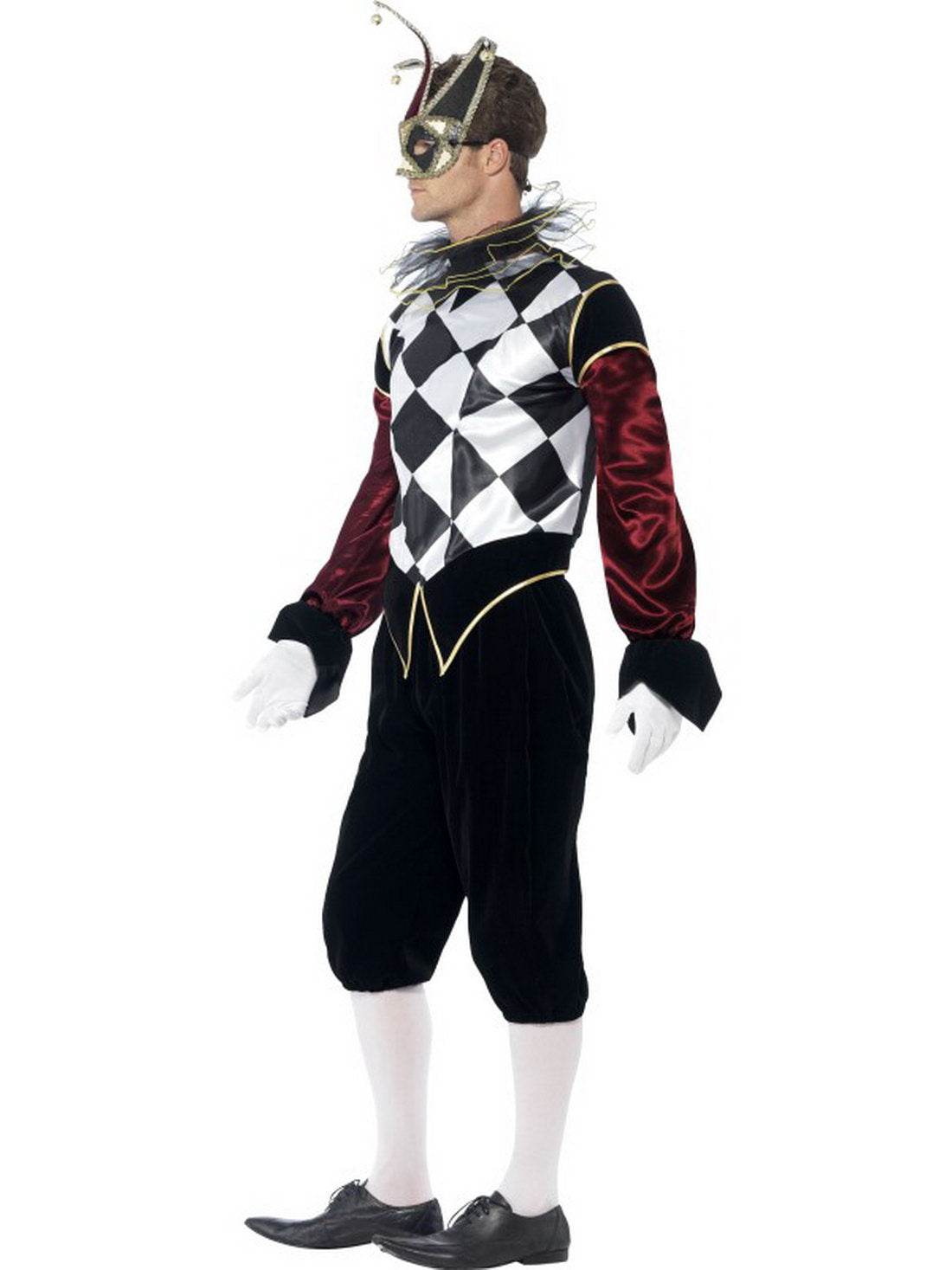 Herren Männer Kostüm venezianischer Harlekin Narr Clown mit Hose Oberteil und Kragen, Gothic Harlequin Jester, perfekt für Halloween Karneval und Fasching, M, Schwarz