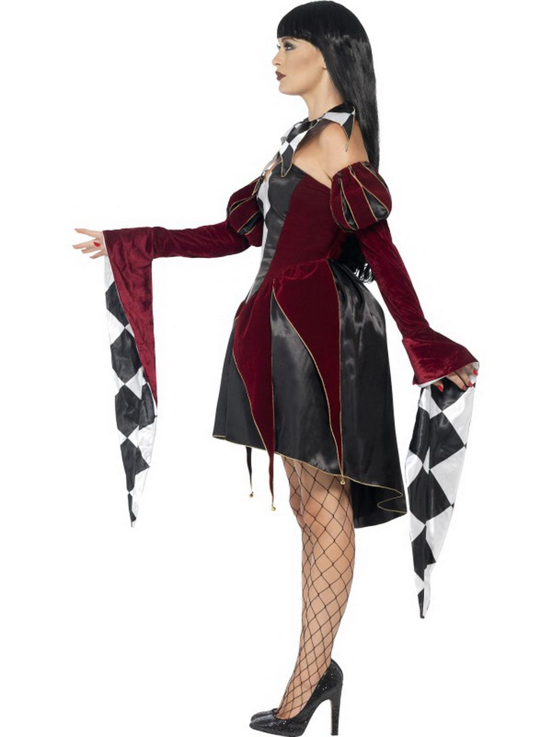 Damen Frauen Kostüm venezianischer Harlekin Hofnarr mit Kleid Kragen und Ärmel, Gothic Harlequin Jester, perfekt für Halloween Karneval und Fasching, S, Schwarz