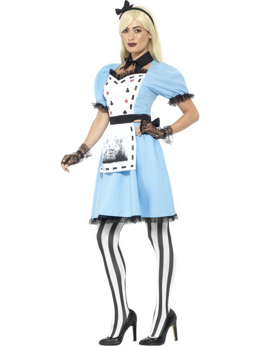 Damen Frauen Kostüm hochwertiges Tee Party Hausmädchen Alice Kleid mit Schürze Strümpfe und Haarband, Deluxe Tea Party Dress, perfekt für Halloween Karneval und Fasching, XS, Blau