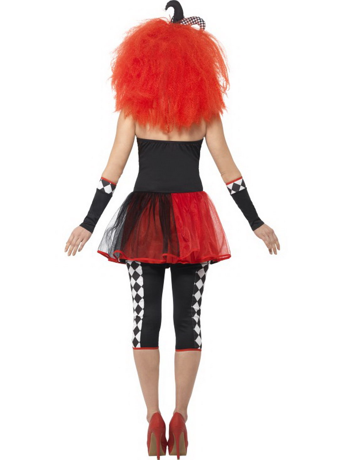 Damen Frauen Kostüm schräges Harlekin Hofnarr Kleid mit Leggings Halskrause und Kopfschmuck, Crazy Harlequin Jester, perfekt für Halloween Karneval und Fasching, S, Schwarz