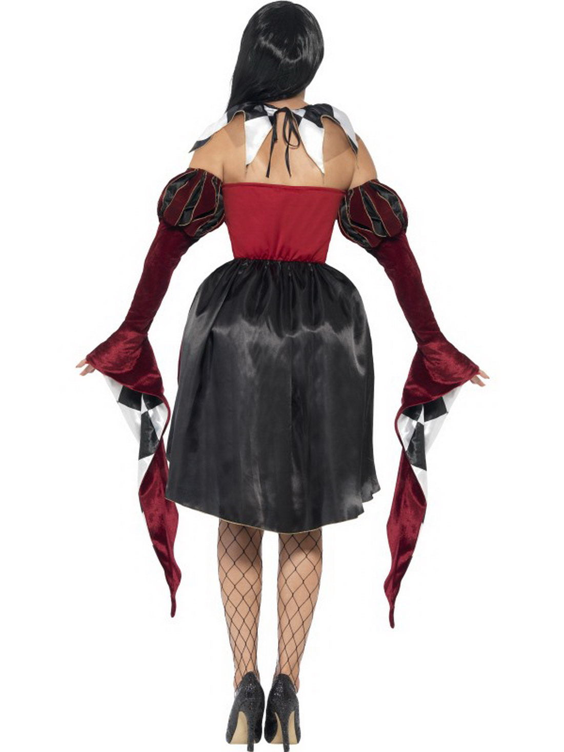 Damen Frauen Kostüm venezianischer Harlekin Hofnarr mit Kleid Kragen und Ärmel, Gothic Harlequin Jester, perfekt für Halloween Karneval und Fasching, S, Schwarz