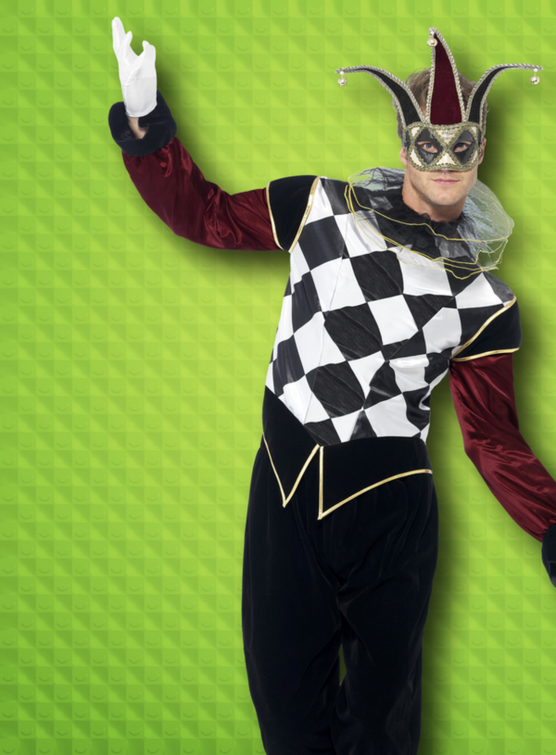 Herren Männer Kostüm venezianischer Harlekin Narr Clown mit Hose Oberteil und Kragen, Gothic Harlequin Jester, perfekt für Halloween Karneval und Fasching, M, Schwarz