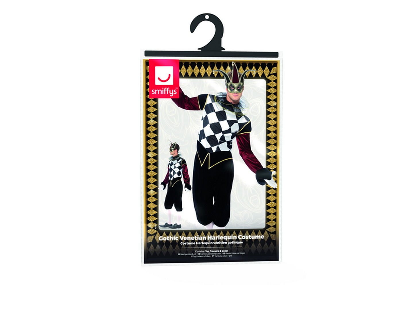 Herren Männer Kostüm venezianischer Harlekin Narr Clown mit Hose Oberteil und Kragen, Gothic Harlequin Jester, perfekt für Halloween Karneval und Fasching, M, Schwarz