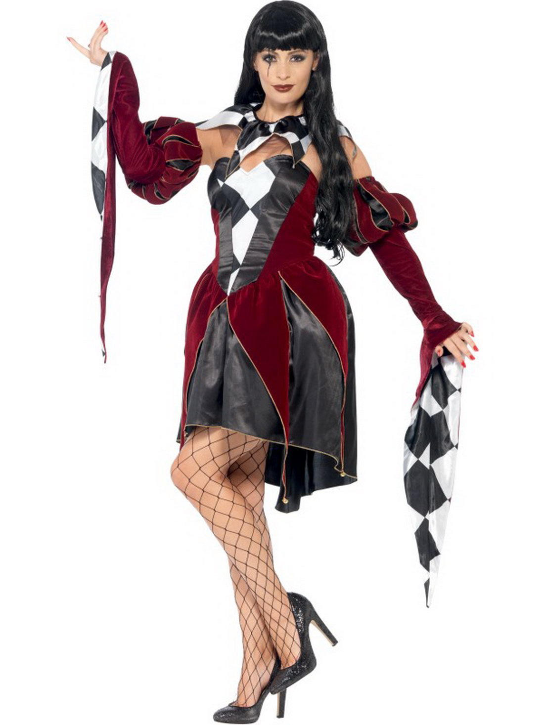 Damen Frauen Kostüm venezianischer Harlekin Hofnarr mit Kleid Kragen und Ärmel, Gothic Harlequin Jester, perfekt für Halloween Karneval und Fasching, S, Schwarz