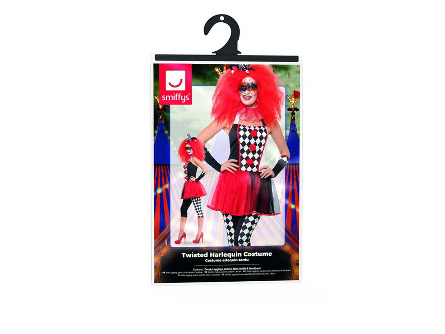 Damen Frauen Kostüm schräges Harlekin Hofnarr Kleid mit Leggings Halskrause und Kopfschmuck, Crazy Harlequin Jester, perfekt für Halloween Karneval und Fasching, S, Schwarz