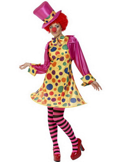 Damen Frauen gepunktetes Zirkus Clown Kostüm mit kurzem Reifkleid, Hemd, Fliege, Strumpfhose und Hut, perfekt für Karneval, Fasching und Fastnacht, S, Gelb