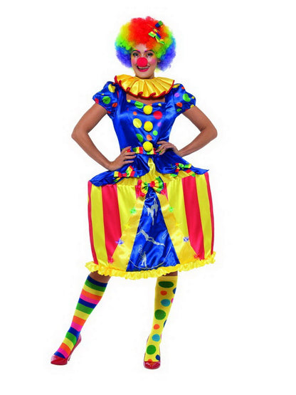 Damen Frauen gepunktetes Zirkus Clown Kostüm mit bunten Zirkuszelt Reifkleid, Clowns Kragen Butinette und Haarband, perfekt für Karneval, Fasching und Fastnacht, S, Blau