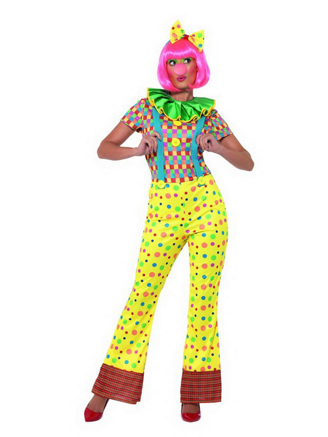 Damen Frauen gepunktetes Zirkus Giggles Clown Kostüm mit bunten Jumpsuit Einteiler Overall, Clowns Kragen Butinette und Haarband, perfekt für Karneval, Fasching und Fastnacht, S, Gelb