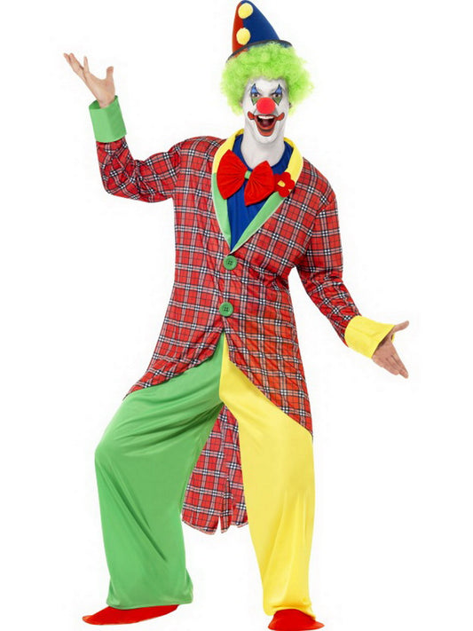 Männer Herren traditionelles Zirkus Clown Kostüm, mit Hose, Frack Jacket, Mock Hemd, Fliege und Überschuhen, perfekt für Karneval, Fasching und Fastnacht, M, Mehrfarbig