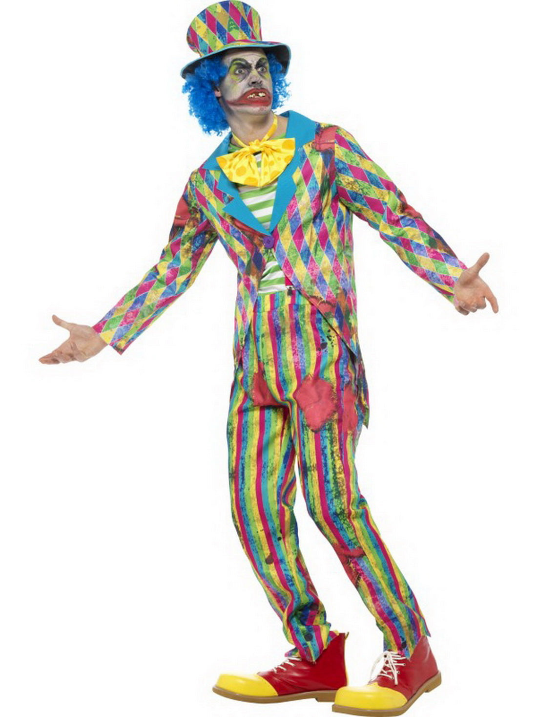 Männer Herren Zirkus Clown Kostüm, mit Flicken Patchwork Hose, Jacket, Fliege und Hut mit Haaren, perfekt für Karneval, Fasching und Fastnacht, M, Mehrfarbig