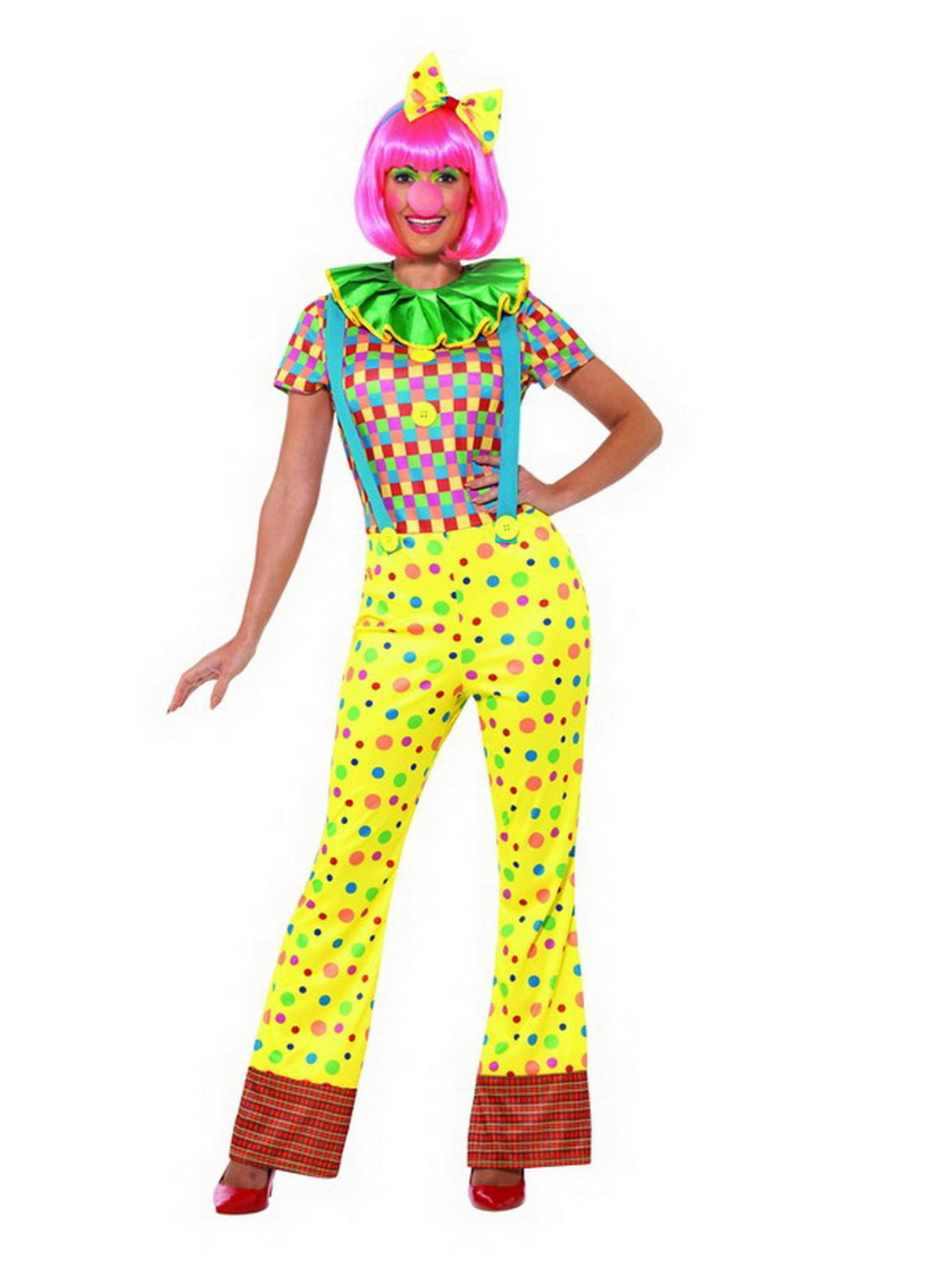 Damen Frauen gepunktetes Zirkus Giggles Clown Kostüm mit bunten Jumpsuit Einteiler Overall, Clowns Kragen Butinette und Haarband, perfekt für Karneval, Fasching und Fastnacht, S, Gelb