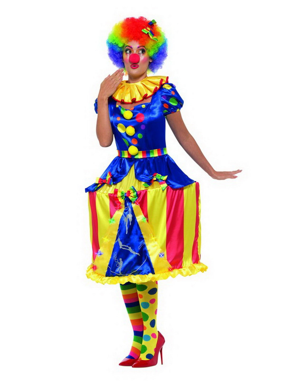 Damen Frauen gepunktetes Zirkus Clown Kostüm mit bunten Zirkuszelt Reifkleid, Clowns Kragen Butinette und Haarband, perfekt für Karneval, Fasching und Fastnacht, S, Blau