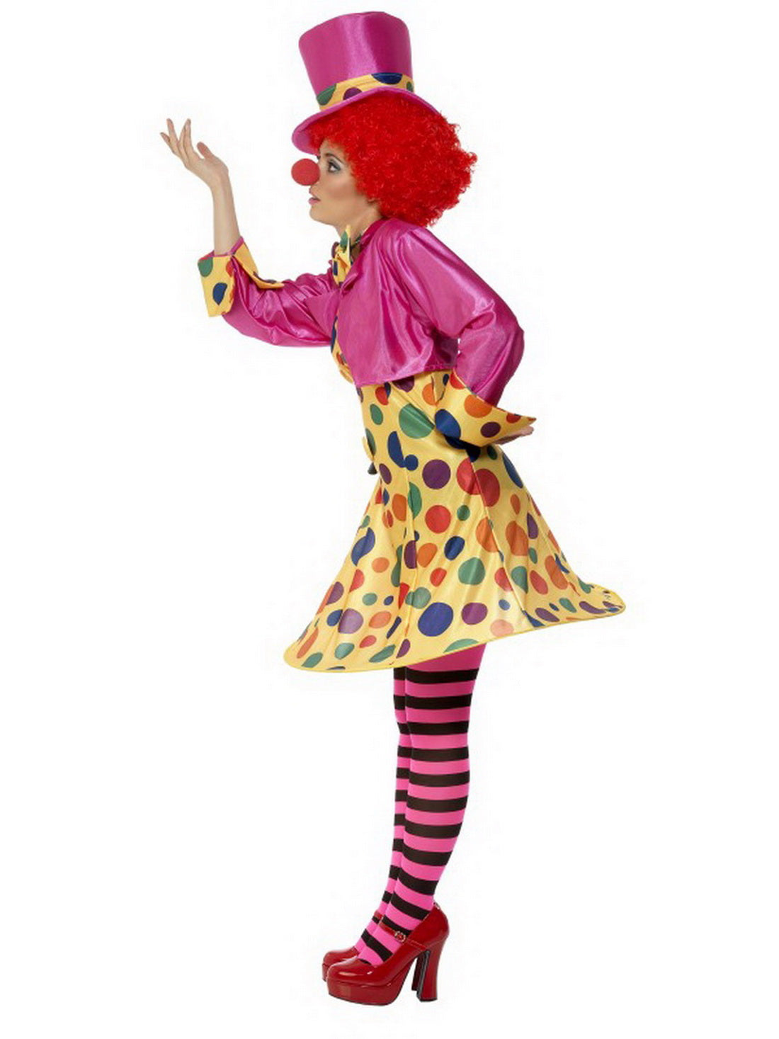 Damen Frauen gepunktetes Zirkus Clown Kostüm mit kurzem Reifkleid, Hemd, Fliege, Strumpfhose und Hut, perfekt für Karneval, Fasching und Fastnacht, S, Gelb