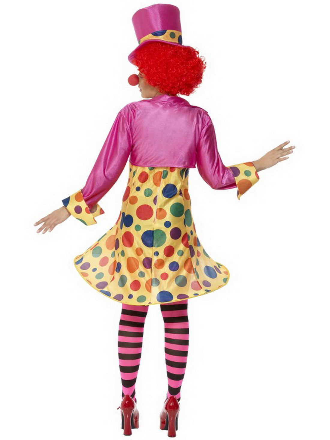 Damen Frauen gepunktetes Zirkus Clown Kostüm mit kurzem Reifkleid, Hemd, Fliege, Strumpfhose und Hut, perfekt für Karneval, Fasching und Fastnacht, S, Gelb