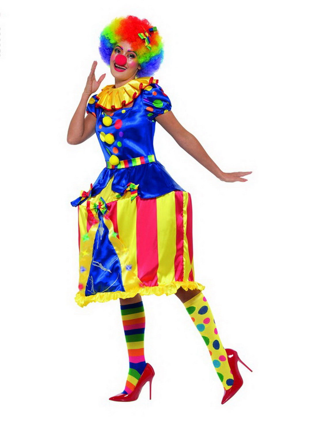 Damen Frauen gepunktetes Zirkus Clown Kostüm mit bunten Zirkuszelt Reifkleid, Clowns Kragen Butinette und Haarband, perfekt für Karneval, Fasching und Fastnacht, S, Blau