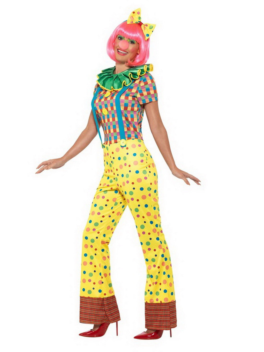 Damen Frauen gepunktetes Zirkus Giggles Clown Kostüm mit bunten Jumpsuit Einteiler Overall, Clowns Kragen Butinette und Haarband, perfekt für Karneval, Fasching und Fastnacht, S, Gelb