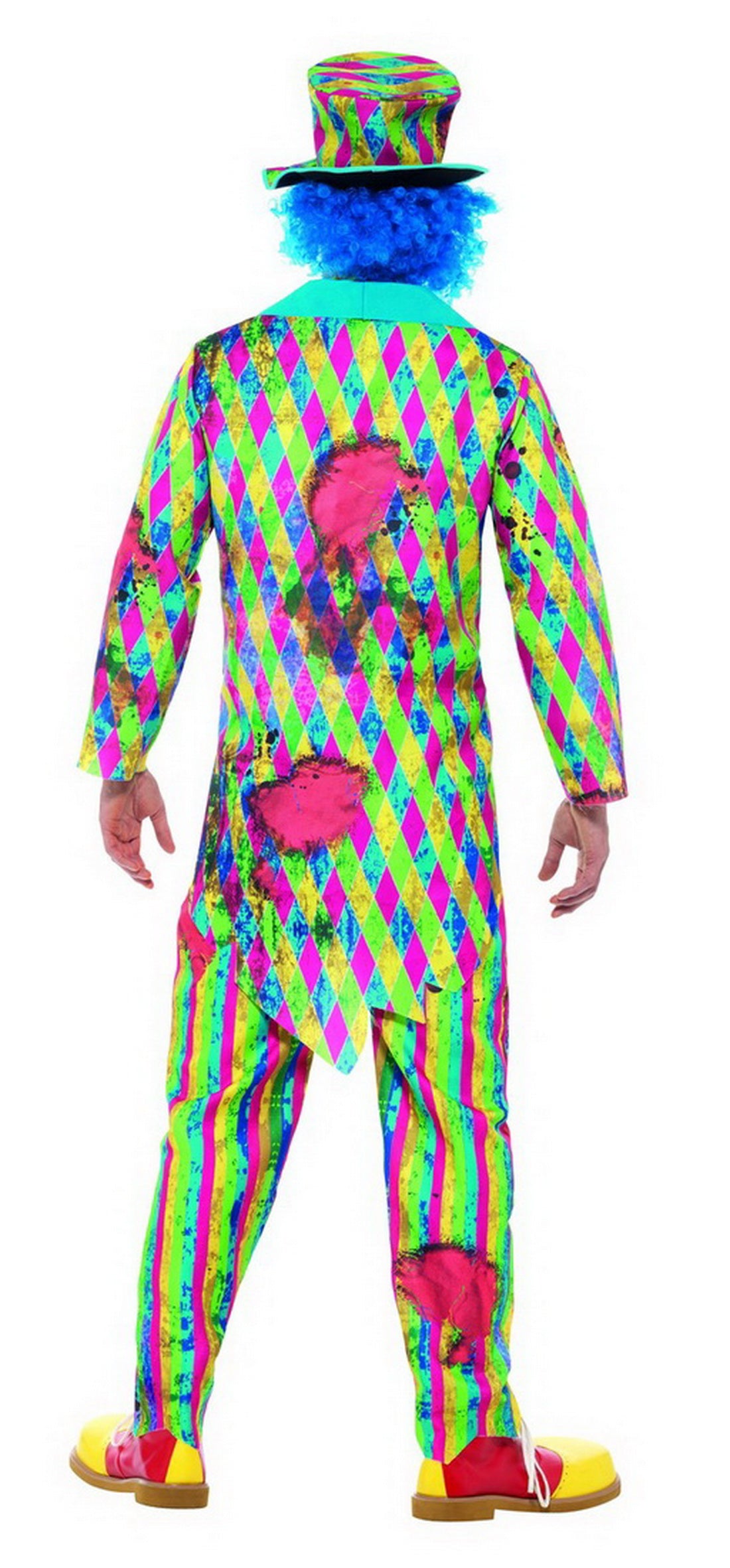 Männer Herren Zirkus Clown Kostüm, mit Flicken Patchwork Hose, Jacket, Fliege und Hut mit Haaren, perfekt für Karneval, Fasching und Fastnacht, M, Mehrfarbig