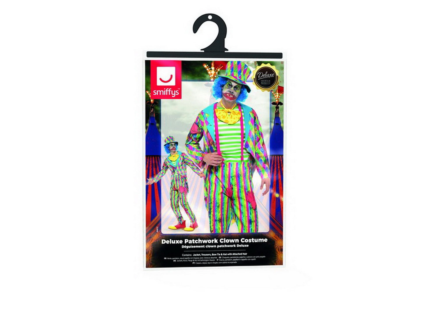 Männer Herren Zirkus Clown Kostüm, mit Flicken Patchwork Hose, Jacket, Fliege und Hut mit Haaren, perfekt für Karneval, Fasching und Fastnacht, M, Mehrfarbig