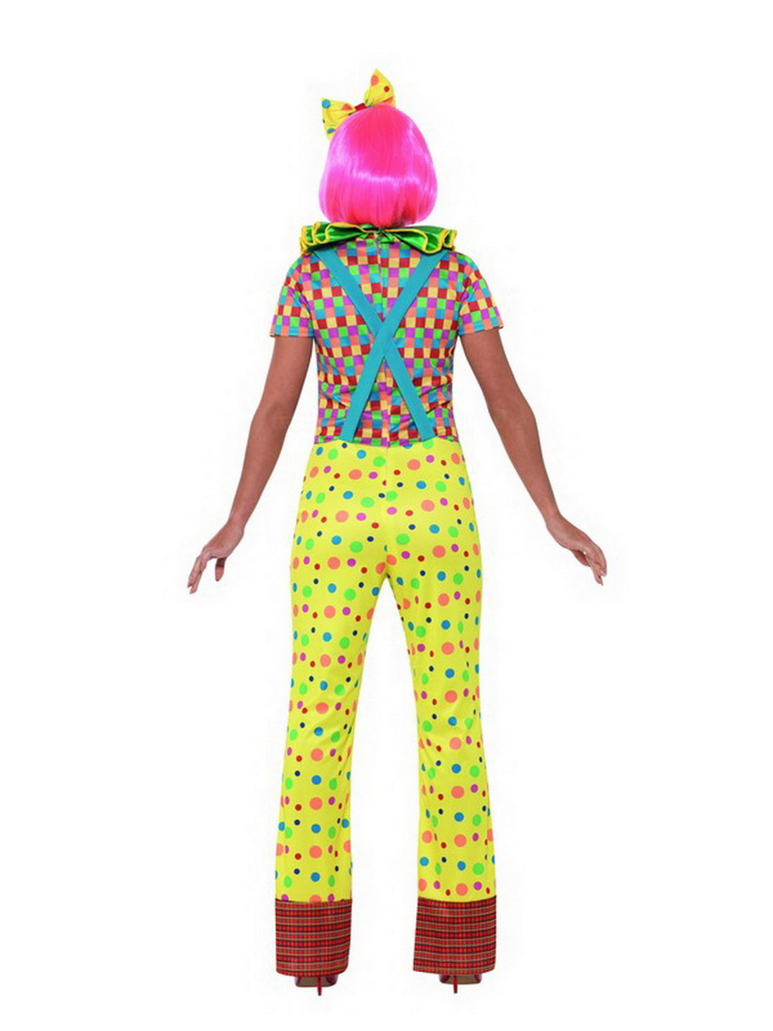 Damen Frauen gepunktetes Zirkus Giggles Clown Kostüm mit bunten Jumpsuit Einteiler Overall, Clowns Kragen Butinette und Haarband, perfekt für Karneval, Fasching und Fastnacht, S, Gelb