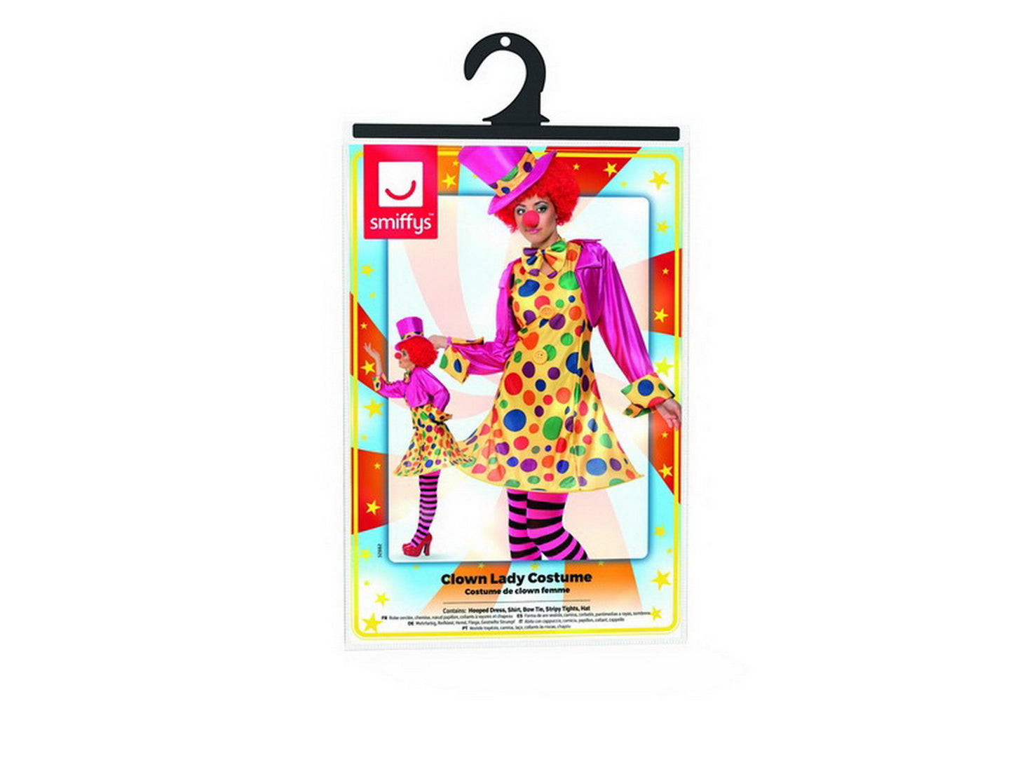 Damen Frauen gepunktetes Zirkus Clown Kostüm mit kurzem Reifkleid, Hemd, Fliege, Strumpfhose und Hut, perfekt für Karneval, Fasching und Fastnacht, S, Gelb