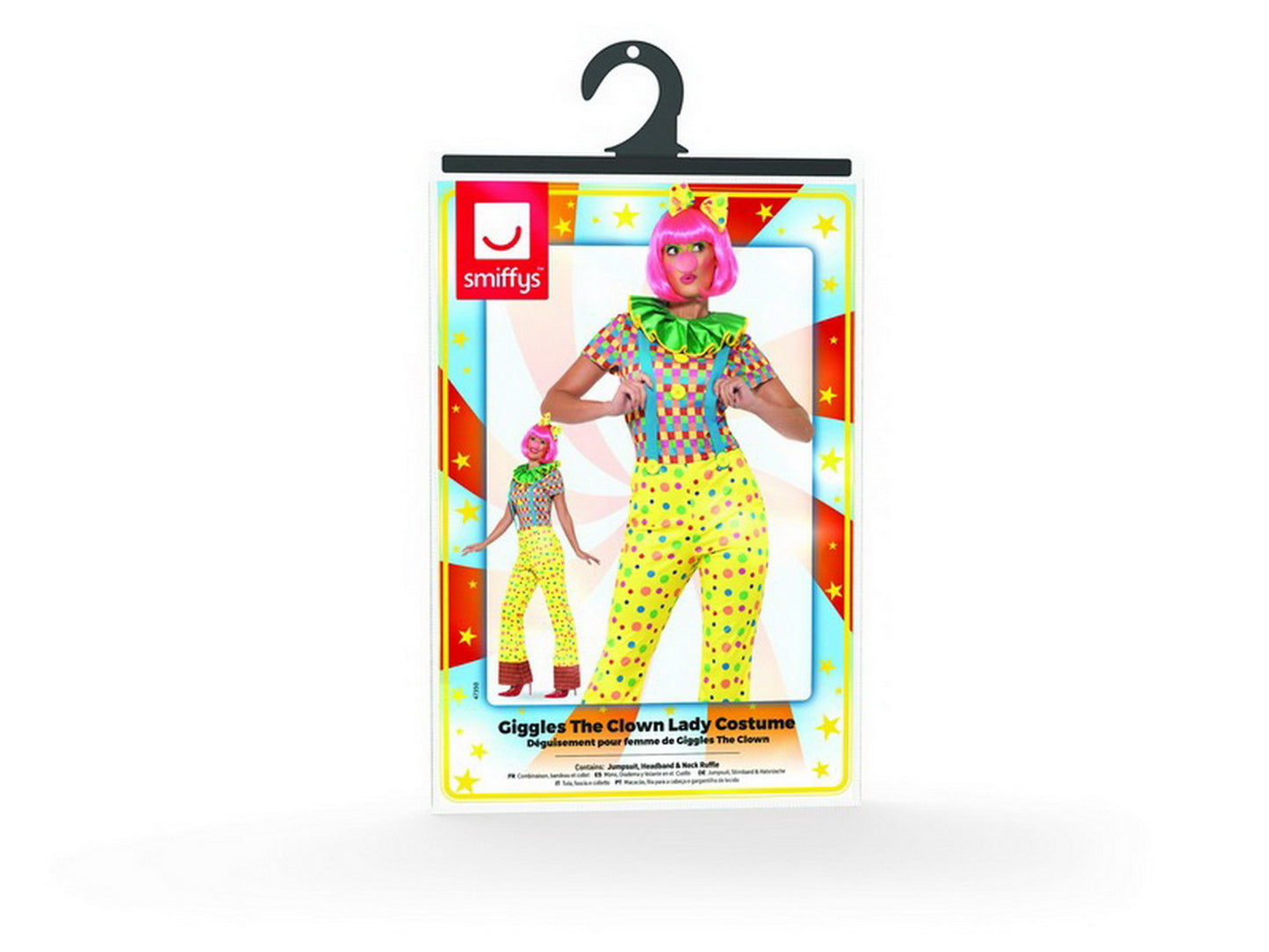 Damen Frauen gepunktetes Zirkus Giggles Clown Kostüm mit bunten Jumpsuit Einteiler Overall, Clowns Kragen Butinette und Haarband, perfekt für Karneval, Fasching und Fastnacht, S, Gelb