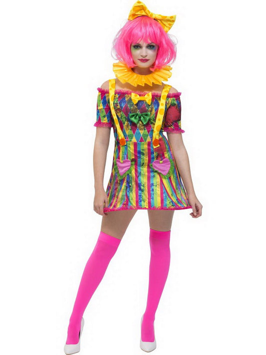 Damen Frauen Zirkus Clown Kostüm mit kurzem Latzkleid, Clowns Kragen und Fliegen Haarschmuck, perfekt für Karneval, Fasching und Fastnacht, XS, Mehrfarbig