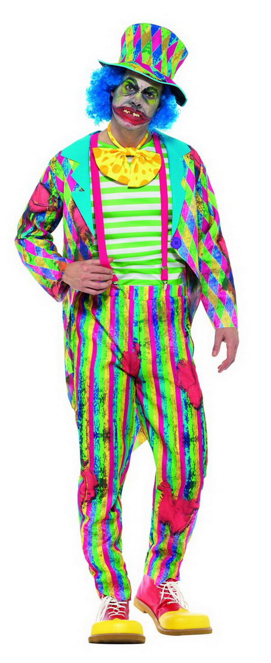 Männer Herren Zirkus Clown Kostüm, mit Flicken Patchwork Hose, Jacket, Fliege und Hut mit Haaren, perfekt für Karneval, Fasching und Fastnacht, M, Mehrfarbig