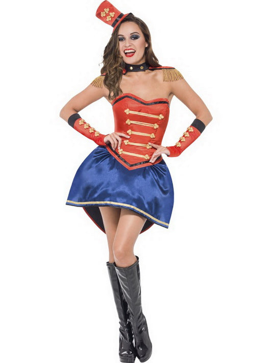 Damen Frauen Zirkus Direktorin Dompteurin Kostüm mit blauem Rock, Korsett, Kragen, Schulterklappen, Handschuhe und Hut, perfekt für Karneval, Fasching und Fastnacht, S, Rot