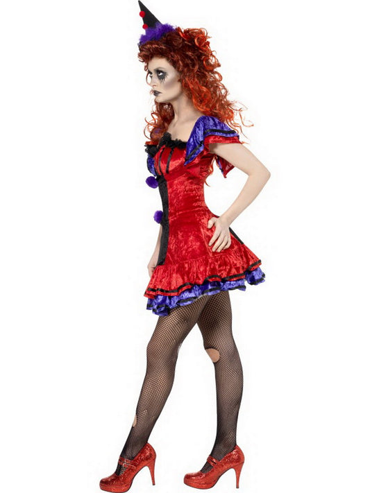 Damen Frauen Zirkus Sinister Bo Bo Clown Kostüm mit kurzem Kleid und Hut perfekt für Karneval, Fasching und Fastnacht, rot, schwarz,, M, Violett