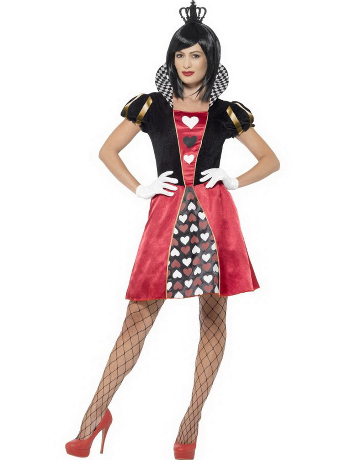 Damen Frauen Herz Königinnen Kostüm Kartenkönigin Queen of Hearts, Kleid mit Handschuhe und Krone, perfekt für Karneval, Fasching und Fastnacht, XS, Schwarz