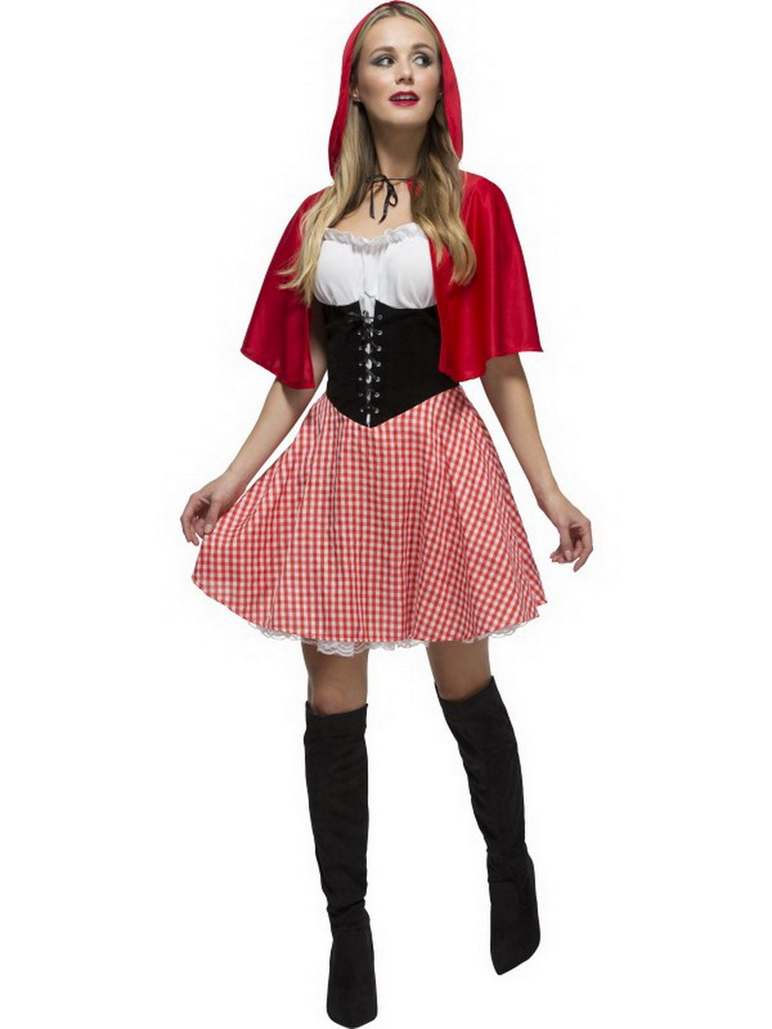 Damen Frauen Rotkäppchen Kostüm mit kurzem Kleid und Umhang mit Kapuze, perfekt für Karneval, Fasching und Fastnacht, S, Rot