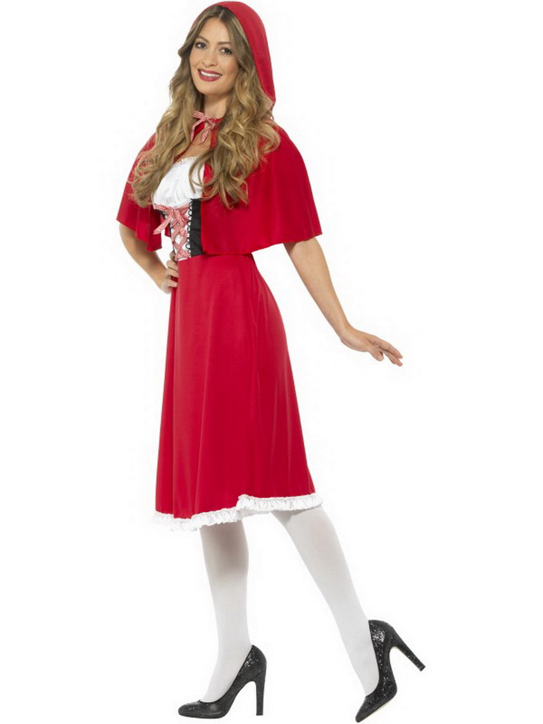 Damen Frauen Rotkäppchen Kostüm mit langem Kleid mit Kapuze, perfekt für Karneval, Fasching und Fastnacht, XS, Rot