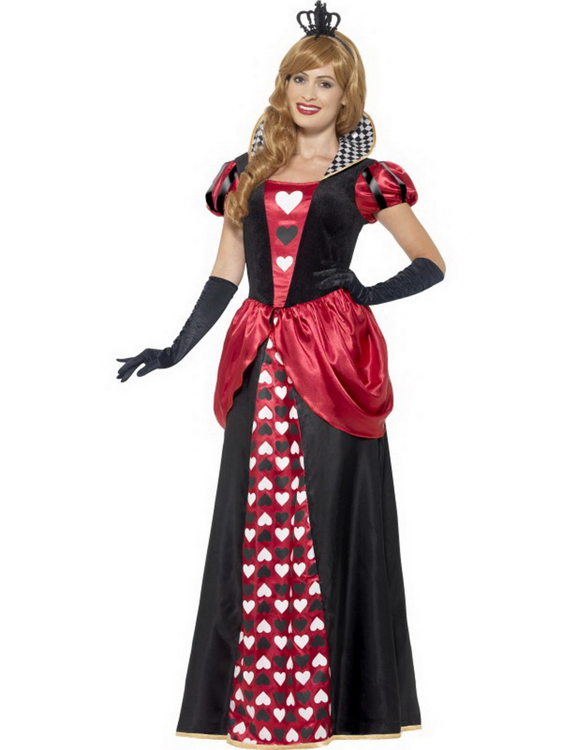 Damen Frauen Herz Königinnen Kostüm Kartenkönigin Queen of Hearts, langes Ballkleid mit Krone, perfekt für Karneval, Fasching und Fastnacht, S, Schwarz