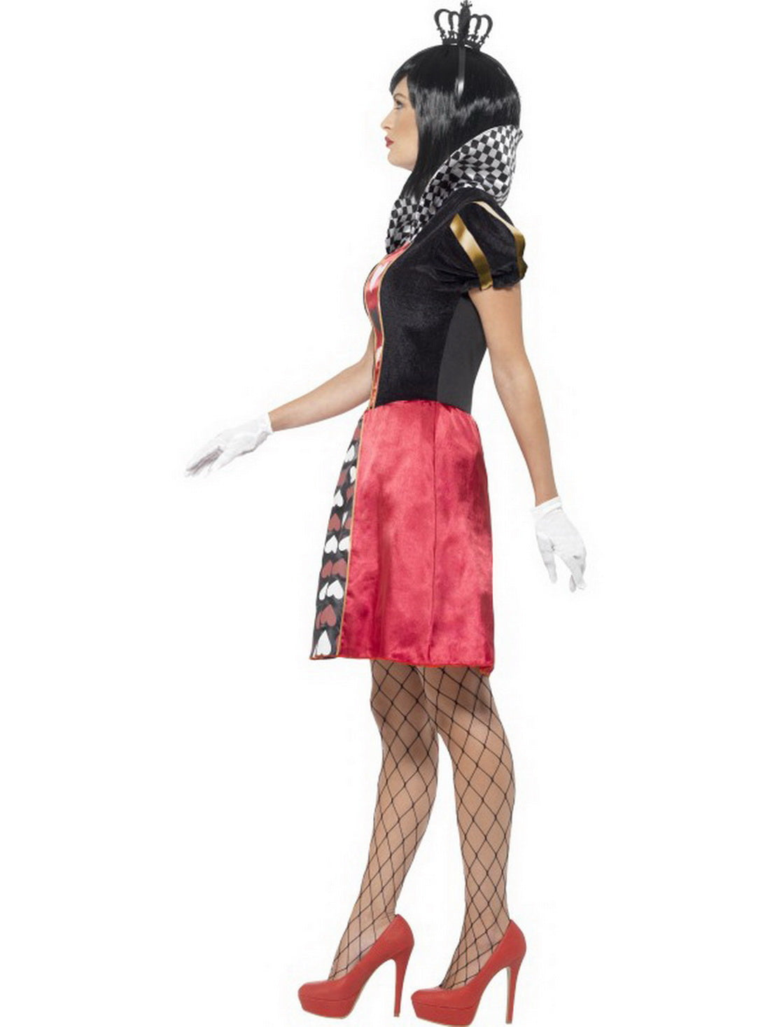 Damen Frauen Herz Königinnen Kostüm Kartenkönigin Queen of Hearts, Kleid mit Handschuhe und Krone, perfekt für Karneval, Fasching und Fastnacht, XS, Schwarz