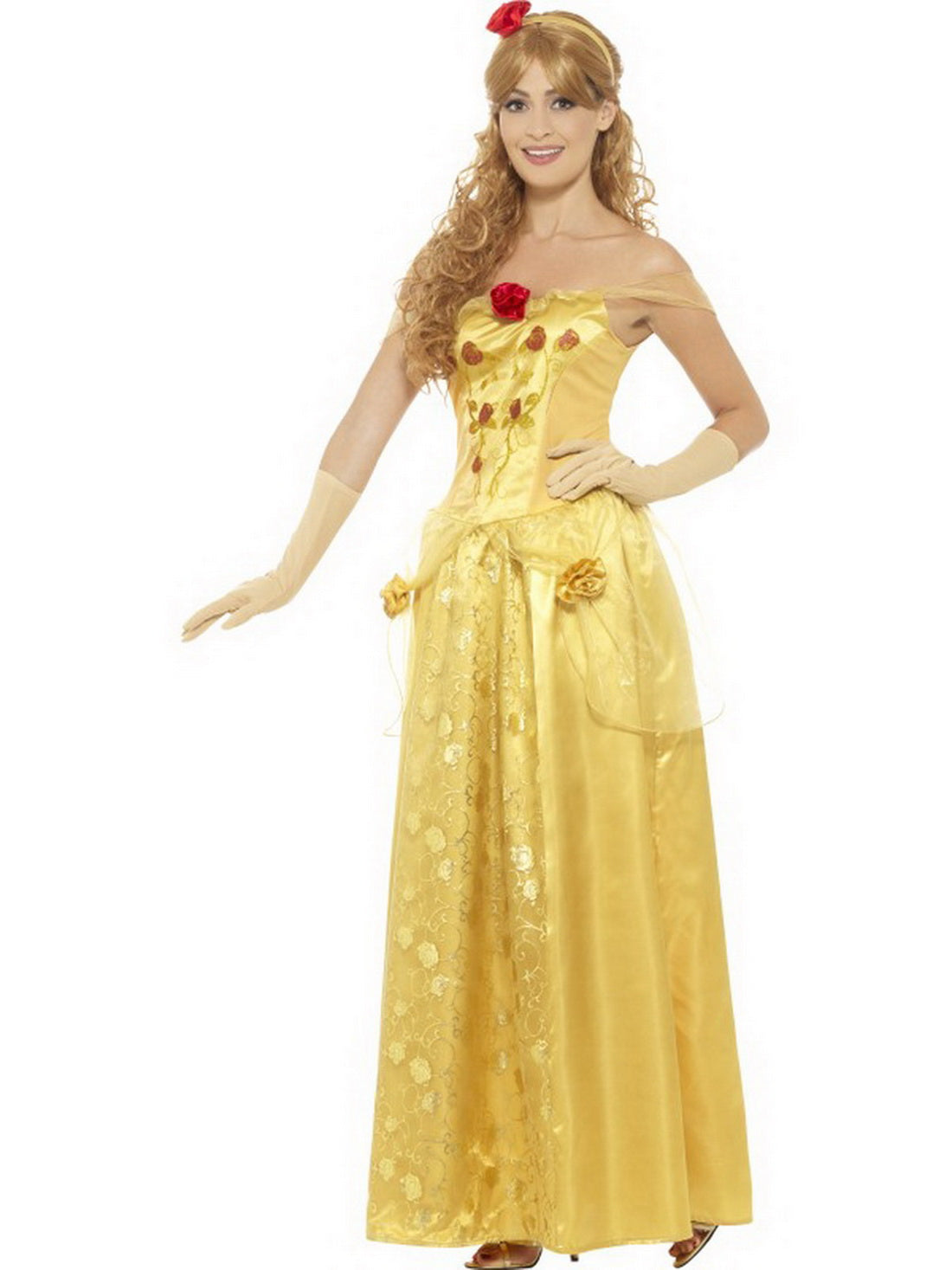 Damen Frauen Prinzessinen Kostüm mit langem Kleid, Handschuhe und Kopfschmuck, perfekt für Karneval, Fasching und Fastnacht, S, Gelb