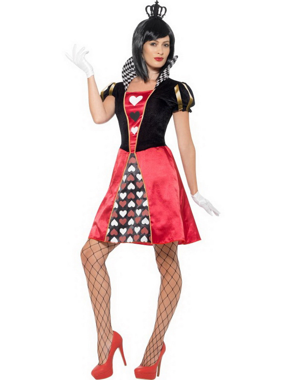 Damen Frauen Herz Königinnen Kostüm Kartenkönigin Queen of Hearts, Kleid mit Handschuhe und Krone, perfekt für Karneval, Fasching und Fastnacht, XS, Schwarz