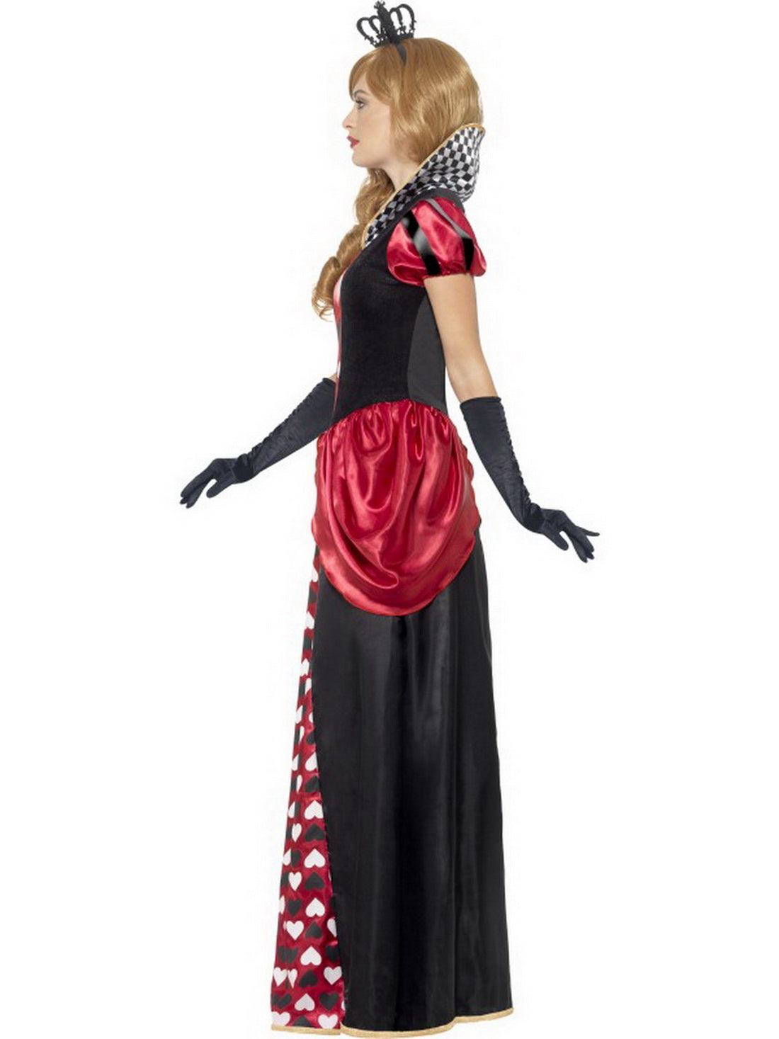 Damen Frauen Herz Königinnen Kostüm Kartenkönigin Queen of Hearts, langes Ballkleid mit Krone, perfekt für Karneval, Fasching und Fastnacht, S, Schwarz