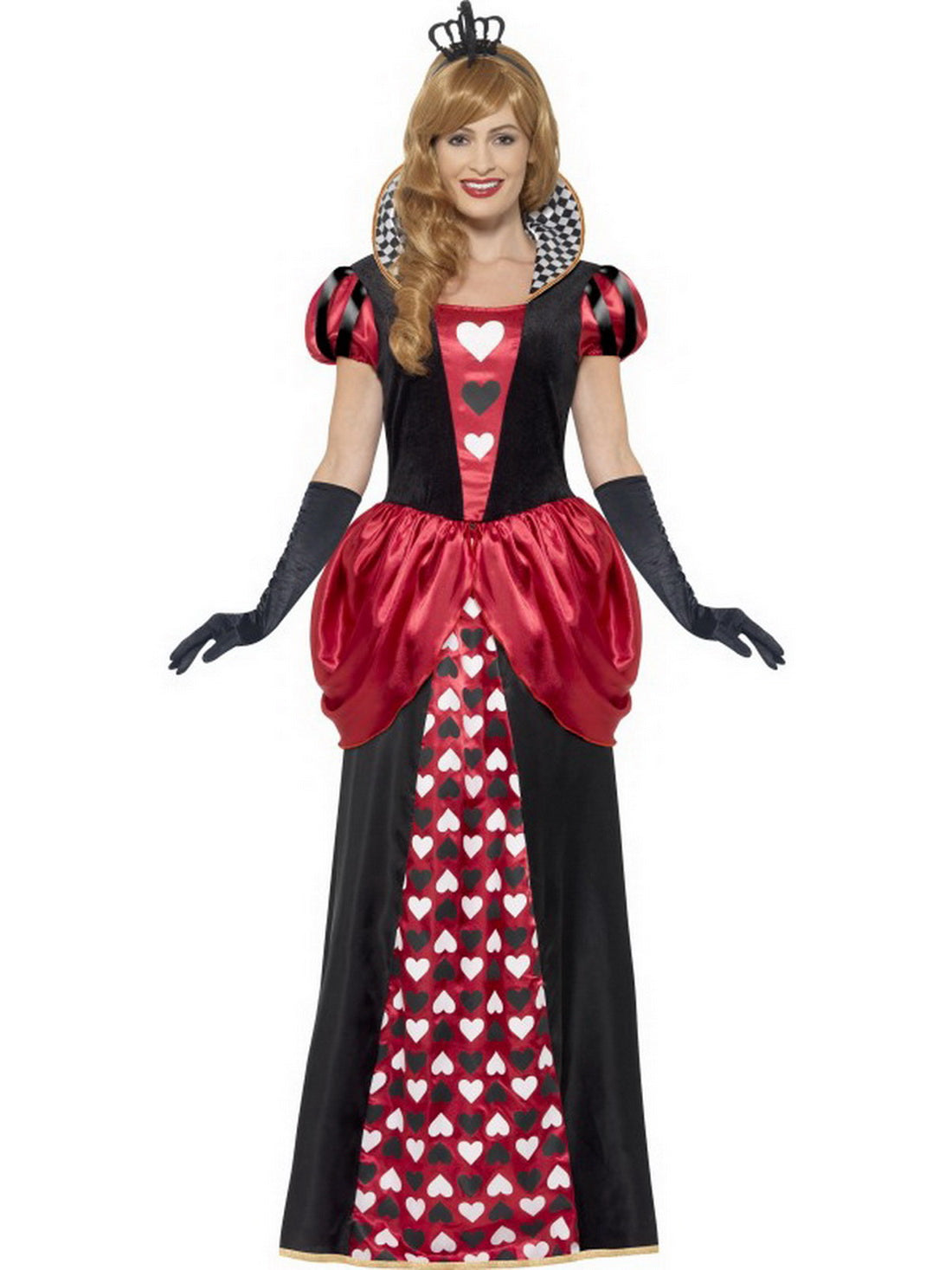 Damen Frauen Herz Königinnen Kostüm Kartenkönigin Queen of Hearts, langes Ballkleid mit Krone, perfekt für Karneval, Fasching und Fastnacht, S, Schwarz