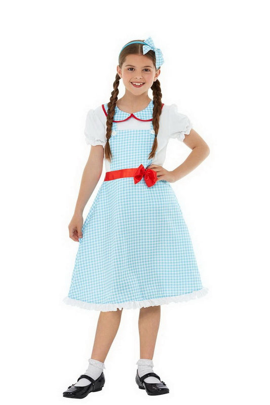 Mädchen Kinder Country Girl Farmerin Kostüm mit Kleid und Haarschmuck, perfekt für Karneval, Fasching und Fastnacht, 122-134, Blau