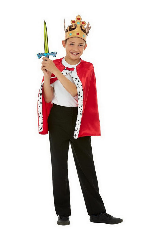 Jungen Kinder König Kostüm Set mit Umhang, Krone und Schwert, perfekt für Karneval, Fasching und Fastnacht, 104-128, Rot