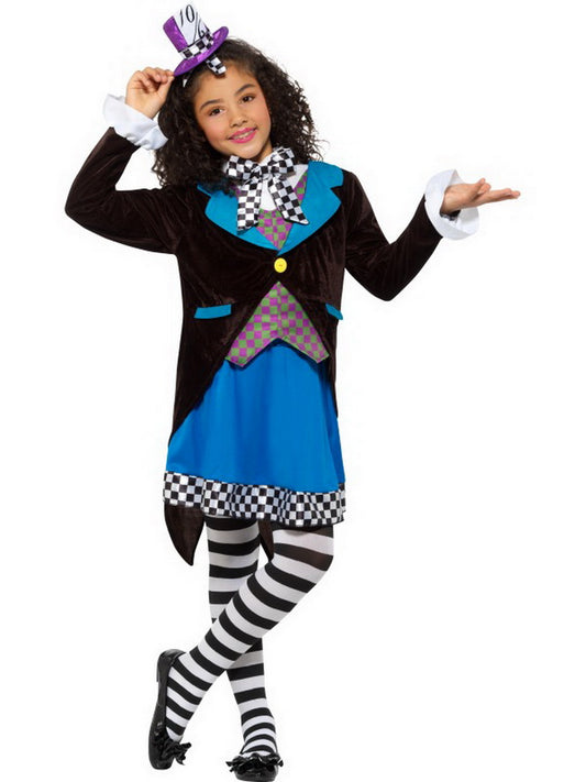 Mädchen Kinder Little Mad Hatter Kostüm deluxe mit Kleid, Frack und Hut perfekt für Karneval, Fasching und Fastnacht, 104-116, Blau