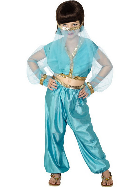 Mädchen Kinder Arabische Prinzessin aus 1001 Nacht Kostüm im Bauchtanz Stil mit Oberteil, Hose und Kopfschmuck, perfekt für Karneval, Fasching und Fastnacht, 122-134, Blau