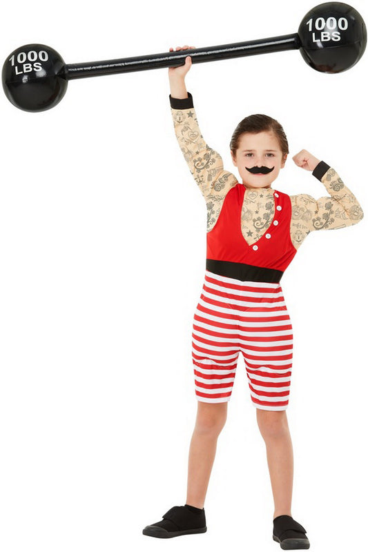 Jungen Kinder Starker Mann Kirmesboxer Rummelplatz Kostüm, kurzer Jumpsuit und Bart, perfekt für Halloween Karneval und Fasching, 104-116, Rot