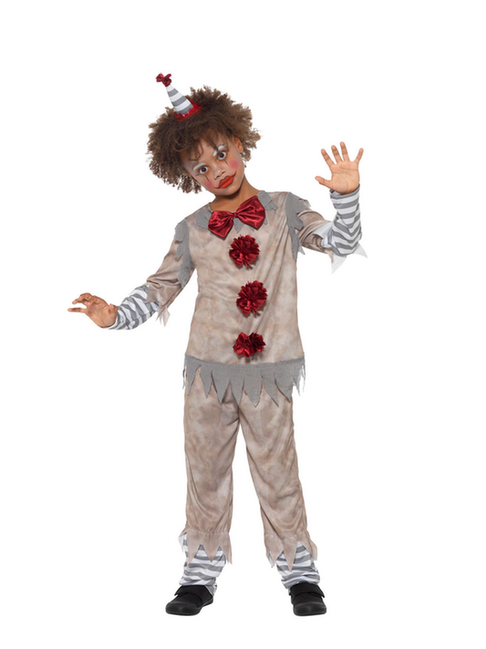 Jungen Kinder Vintage Retro Clown Kostüm im Harlekin Style, Hose Oberteil mit Kopfschmuck, perfekt für Halloween Karneval und Fasching, 104-116, Hellgrau